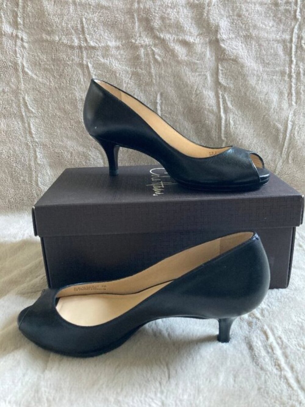 Cole Haan Black Peep-Toe Kitten Heel Pumps
